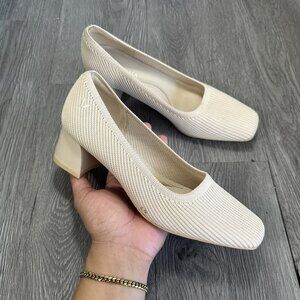 Cream Square-Toe Knit Block Heel Pumps